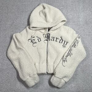 Ed Hardy Hoodie Womens S Cream Cropped Sherpa Tiger Embroidered Y2K Grunge